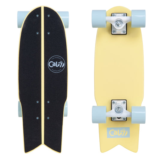 Cal 7 Bumblebee 22” Fishtail Mini Cruiser in soft yellow and light blue, 65mm 80A blue wheels, white 4.5-inch trucks