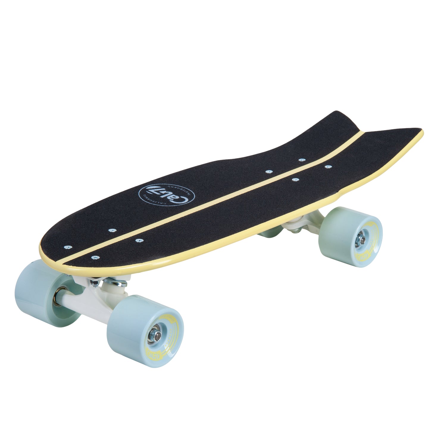 Cal 7 Bumblebee 22” Fishtail Mini Cruiser in soft yellow and light blue, 65mm 80A blue wheels, white 4.5-inch trucks