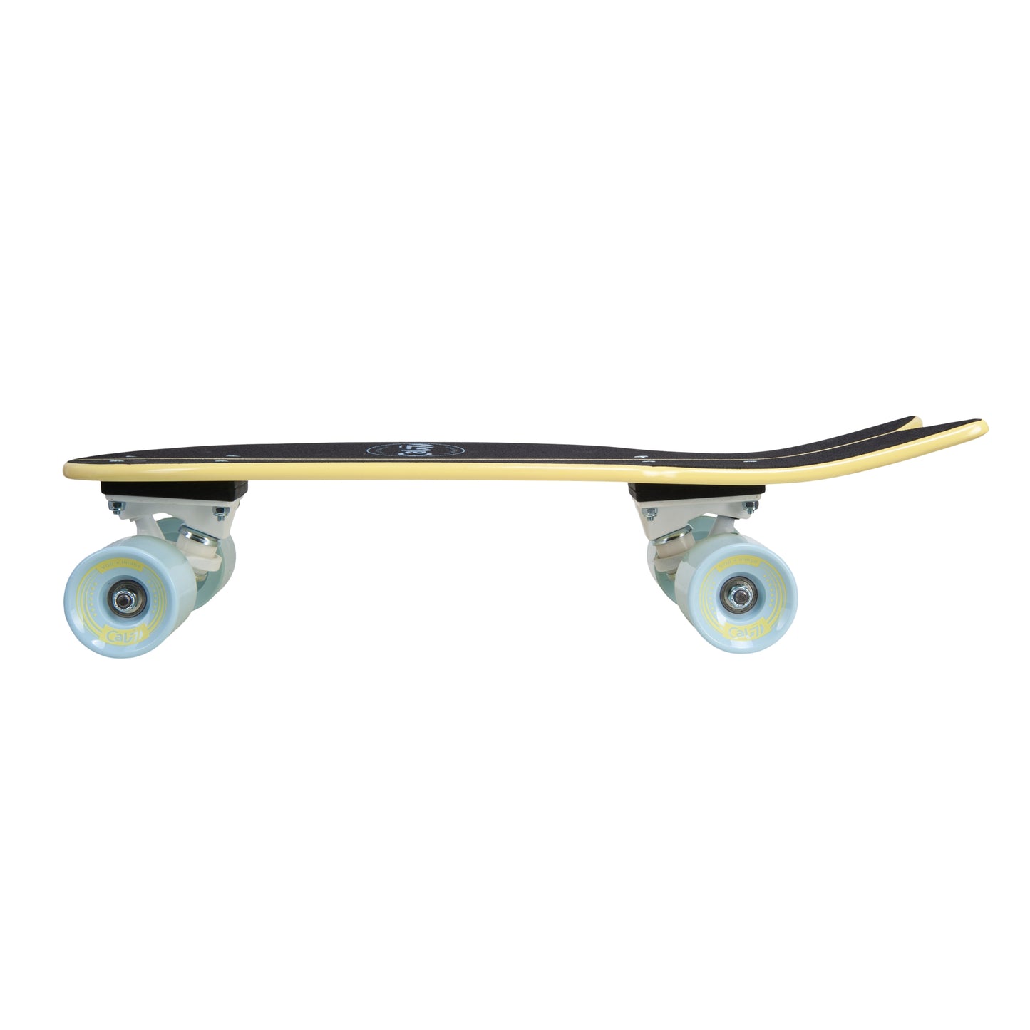 Cal 7 Bumblebee 22” Fishtail Mini Cruiser in soft yellow and light blue, 65mm 80A blue wheels, white 4.5-inch trucks