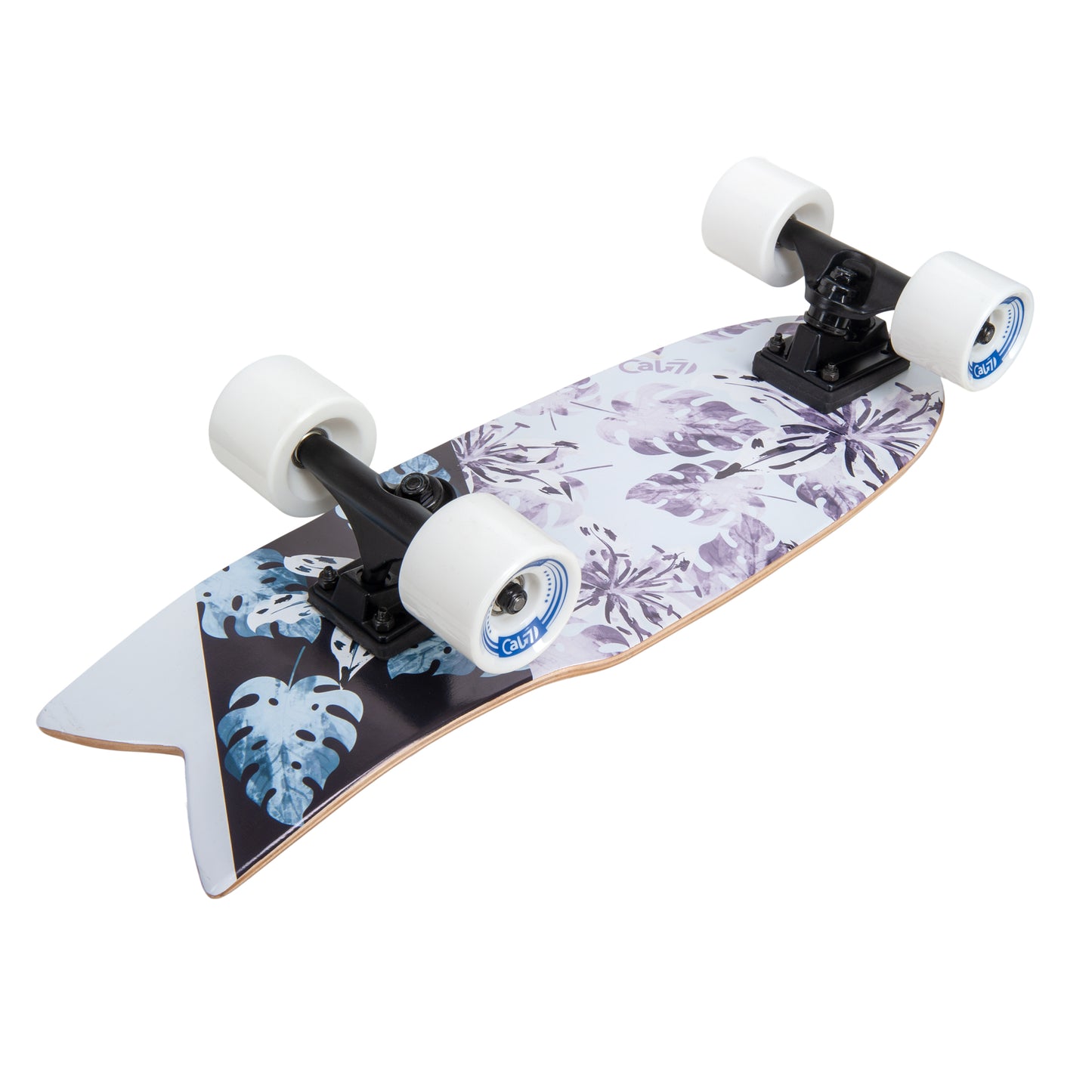 Cal 7 Orchard 22” Fishtail Mini Cruiser features a floral print graphic, 65mm 80A white wheels, black 4.5-inch wheels
