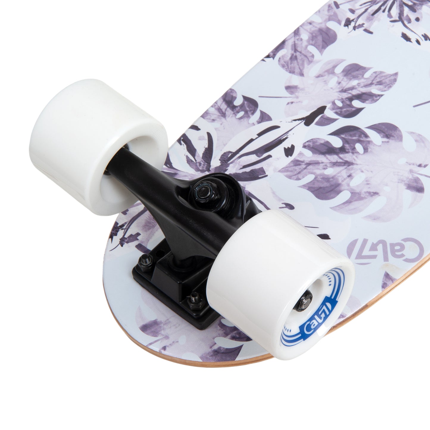 Cal 7 Orchard 22” Fishtail Mini Cruiser features a floral print graphic, 65mm 80A white wheels, black 4.5-inch wheels