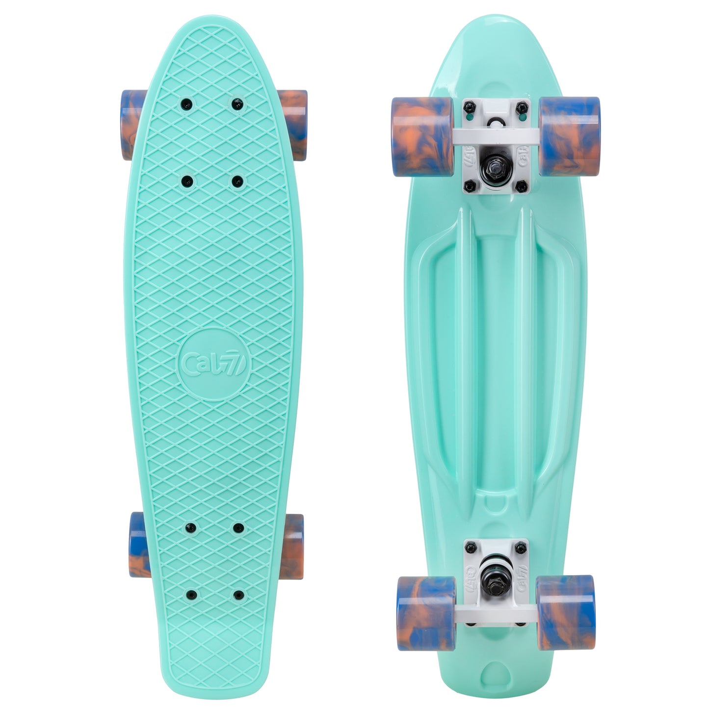 Cal 7 Arcadia 22.5” Mini Cruiser with Swirl Wheels - Featuring a turquoise plastic deck design, 60mm 78A blue and coral swirl wheels.