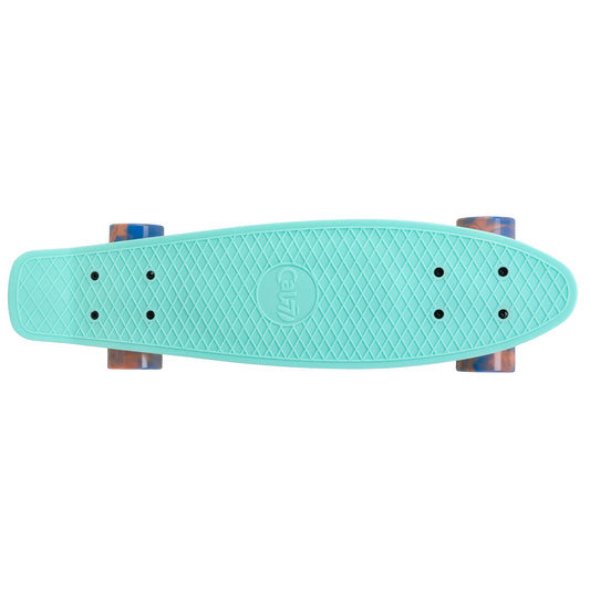 Cal 7 Arcadia 22.5” Mini Cruiser with Swirl Wheels - Featuring a turquoise plastic deck design, 60mm 78A blue and coral swirl wheels.