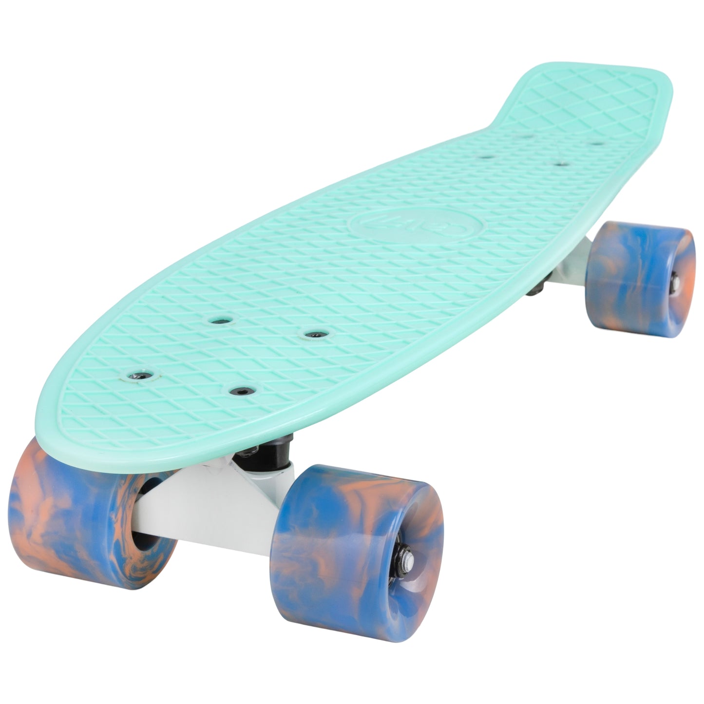 Cal 7 Arcadia 22.5” Mini Cruiser with Swirl Wheels - Featuring a turquoise plastic deck design, 60mm 78A blue and coral swirl wheels.
