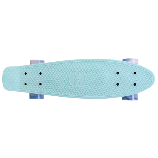 Cal 7 Lily 22.5” Mini Cruiser with Swirl Wheels features a pastel blue deck, 60mm 78A blue and light pink swirl wheels.