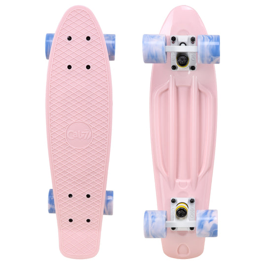 Cal 7 Lotus 22.5” Mini Cruiser with Swirl Wheels: a plastic pastel pink deck with 60mm 78A blue and light pink swirl wheels.