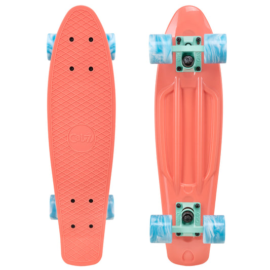 Cal 7 Melrose 22.5” Mini Cruiser with Swirl Wheels features a bright coral plastic deck, 78A blue & white swirl wheels.