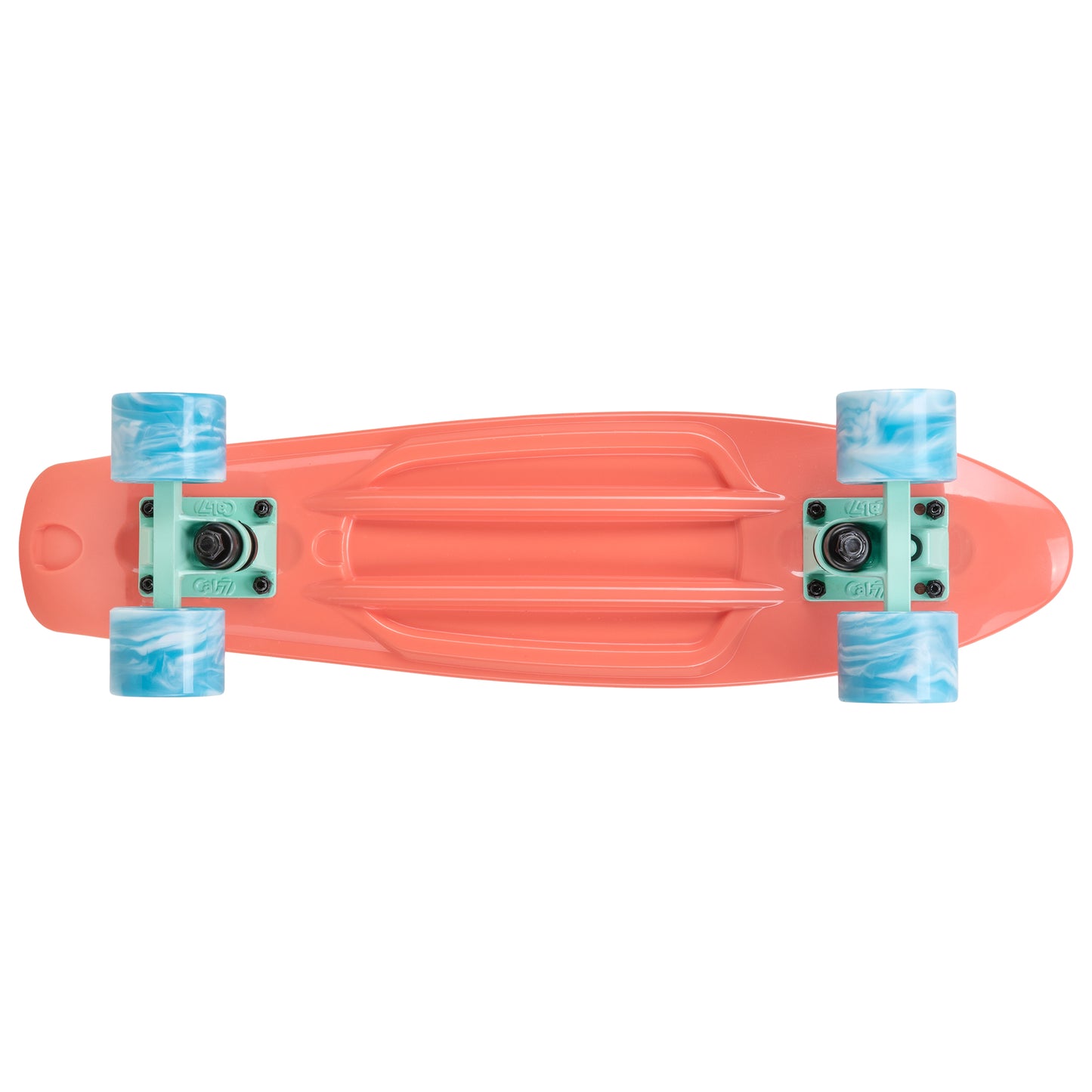 Cal 7 Melrose 22.5” Mini Cruiser with Swirl Wheels features a bright coral plastic deck, 78A blue & white swirl wheels.