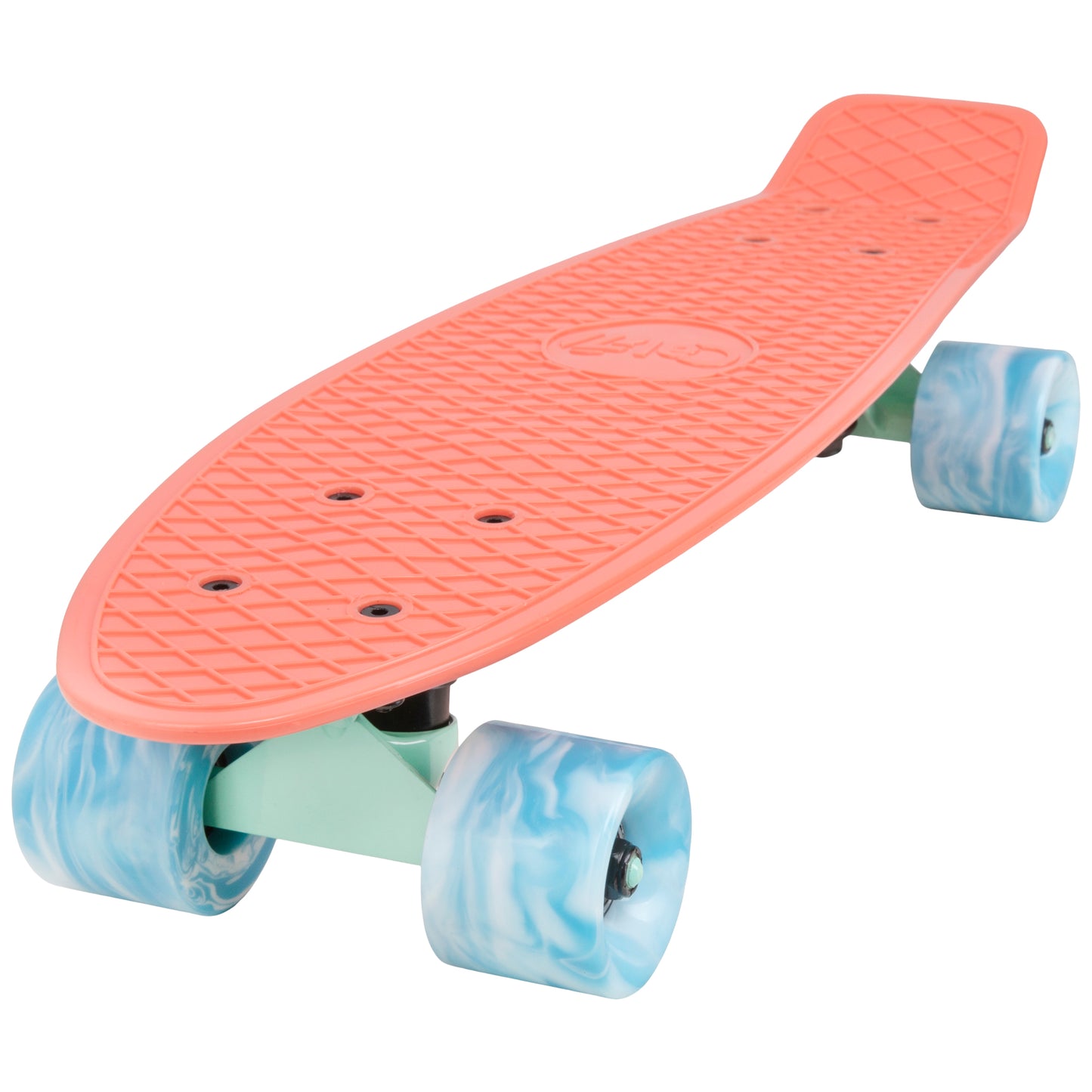 Cal 7 Melrose 22.5” Mini Cruiser with Swirl Wheels features a bright coral plastic deck, 78A blue & white swirl wheels.