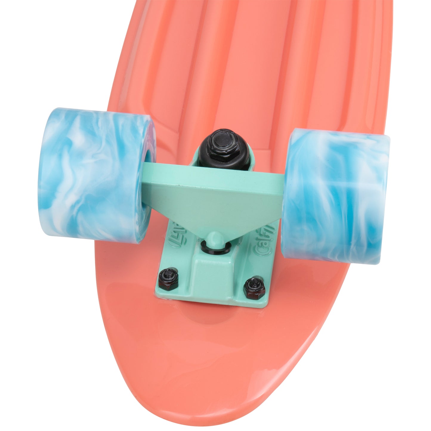 Cal 7 Melrose 22.5” Mini Cruiser with Swirl Wheels features a bright coral plastic deck, 78A blue & white swirl wheels.