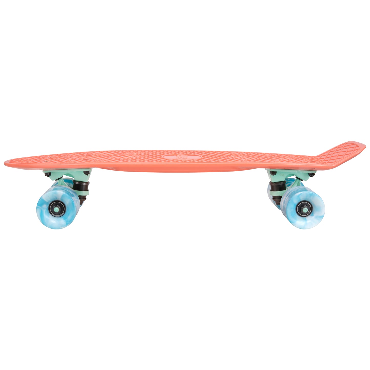 Cal 7 Melrose 22.5” Mini Cruiser with Swirl Wheels features a bright coral plastic deck, 78A blue & white swirl wheels.