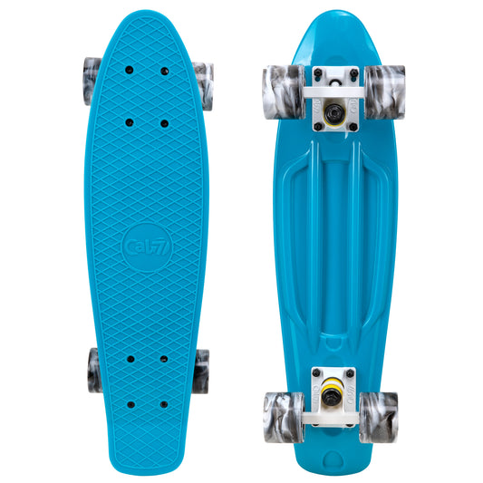 Cal 7 Oceanic 22.5” Mini Cruiser with Swirl Wheels -featuring a muted blue plastic deck, 78A black and white wheels.