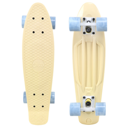 Cal 7 Snowdrop 22.5” Mini Cruiser with Swirl Wheels - featuring a pastel yellow plastic deck with 78A grey swirl wheels.