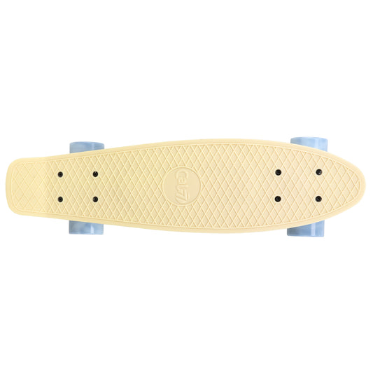 Cal 7 Snowdrop 22.5” Mini Cruiser with Swirl Wheels - featuring a pastel yellow plastic deck with 78A grey swirl wheels.