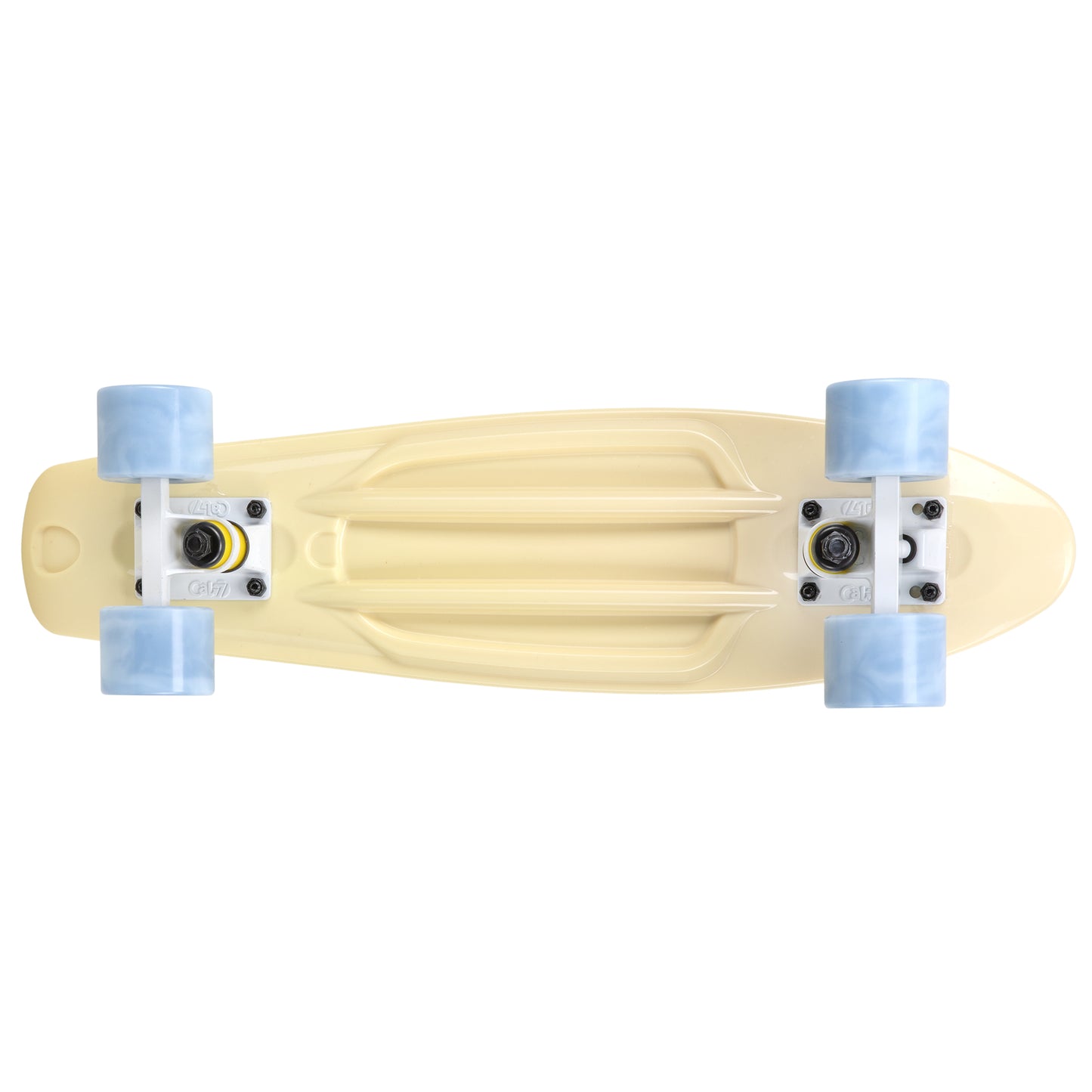 Cal 7 Snowdrop 22.5” Mini Cruiser with Swirl Wheels - featuring a pastel yellow plastic deck with 78A grey swirl wheels.