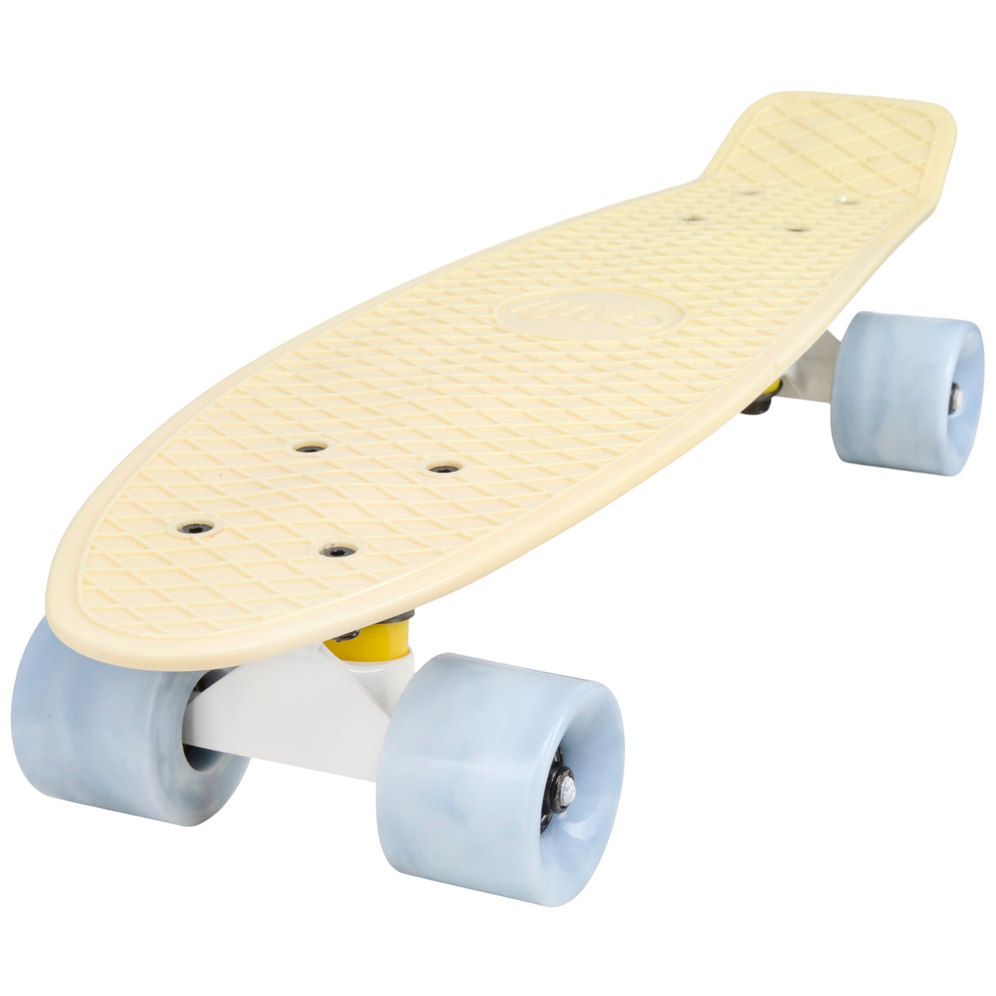 Cal 7 Snowdrop 22.5” Mini Cruiser with Swirl Wheels - featuring a pastel yellow plastic deck with 78A grey swirl wheels.