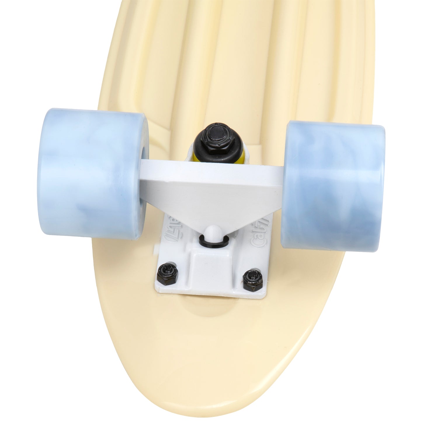 Cal 7 Snowdrop 22.5” Mini Cruiser with Swirl Wheels - featuring a pastel yellow plastic deck with 78A grey swirl wheels.