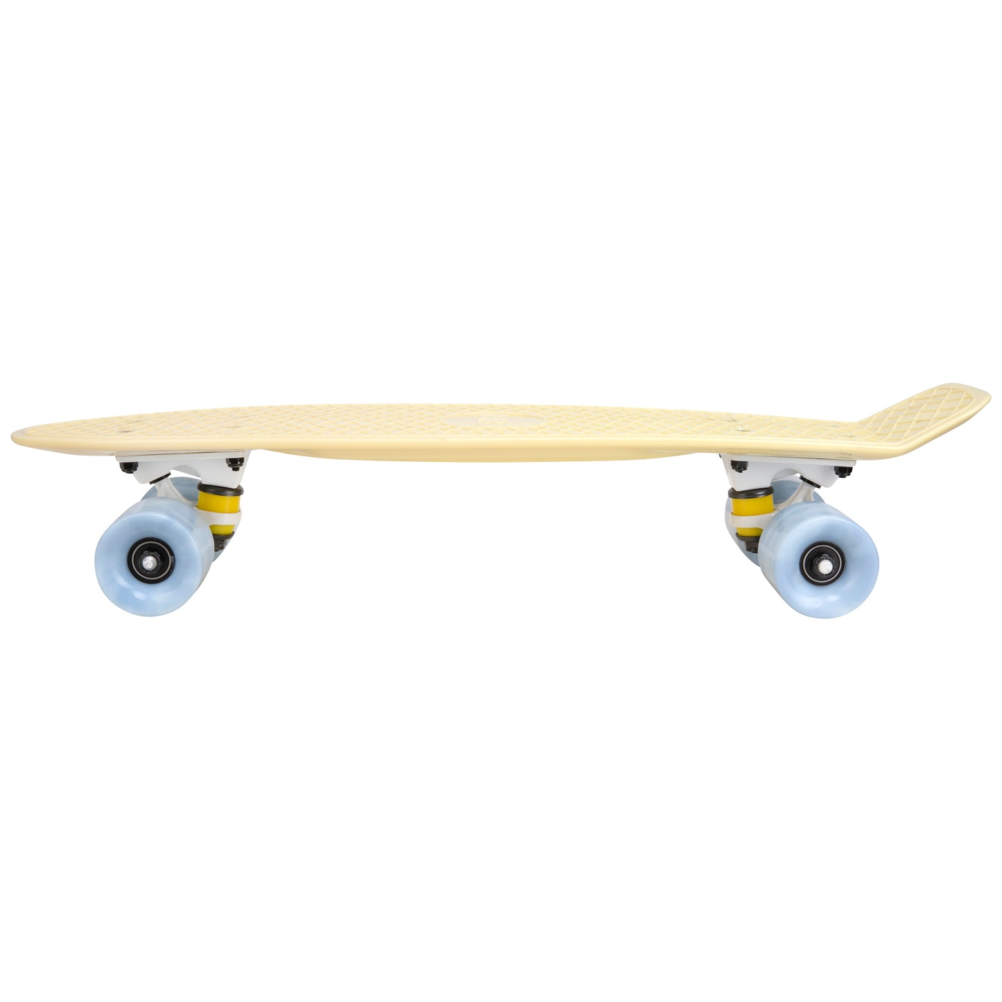 Cal 7 Snowdrop 22.5” Mini Cruiser with Swirl Wheels - featuring a pastel yellow plastic deck with 78A grey swirl wheels.
