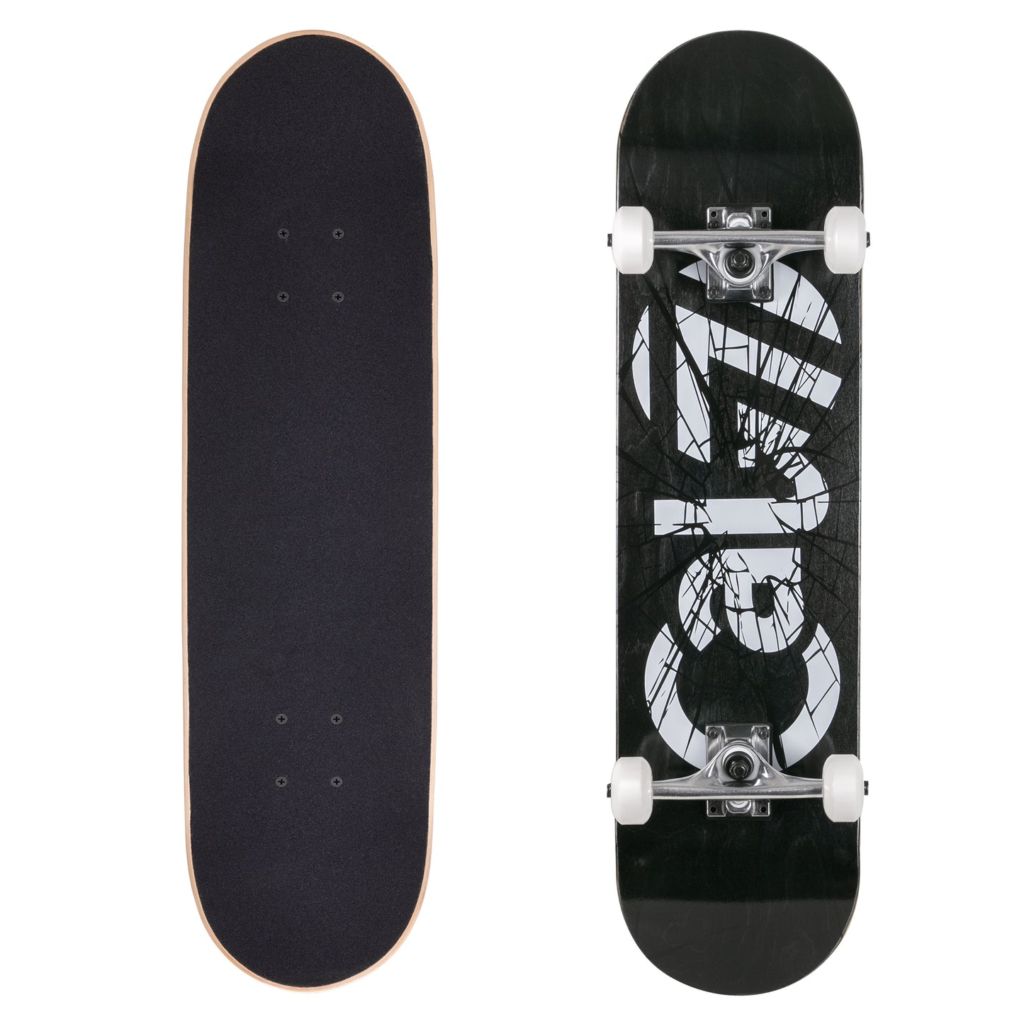): Cal 7 complete 8-inch Heist skateboard with black deck and glass shattered graphic