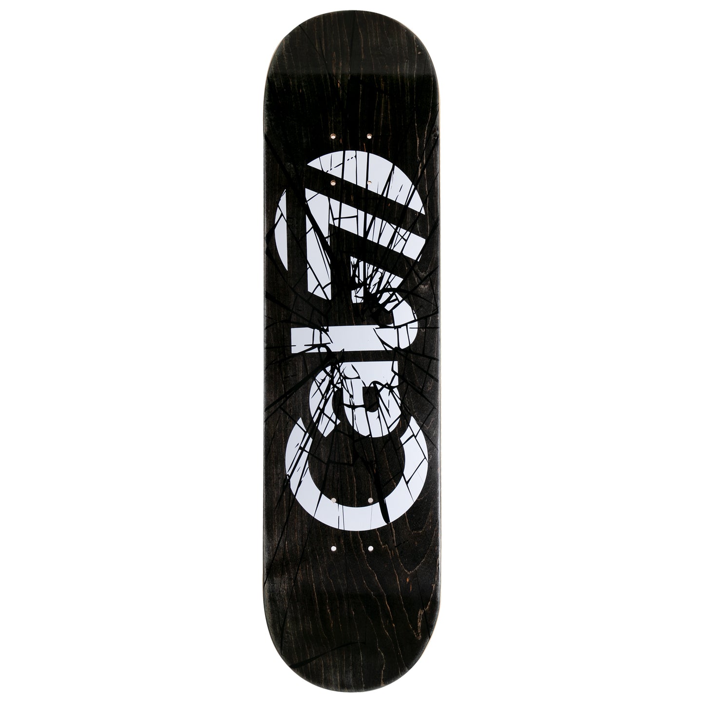 Cal 7 Heist skateboard deck with white Cal 7 logo on a black background and a shattered-glass graphic