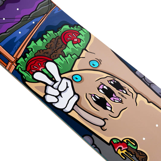 Cal 7 Zomburrito deck with San Francisco munchie takeover art on a semi-cold-press 7-ply popsicle, medium concave deck