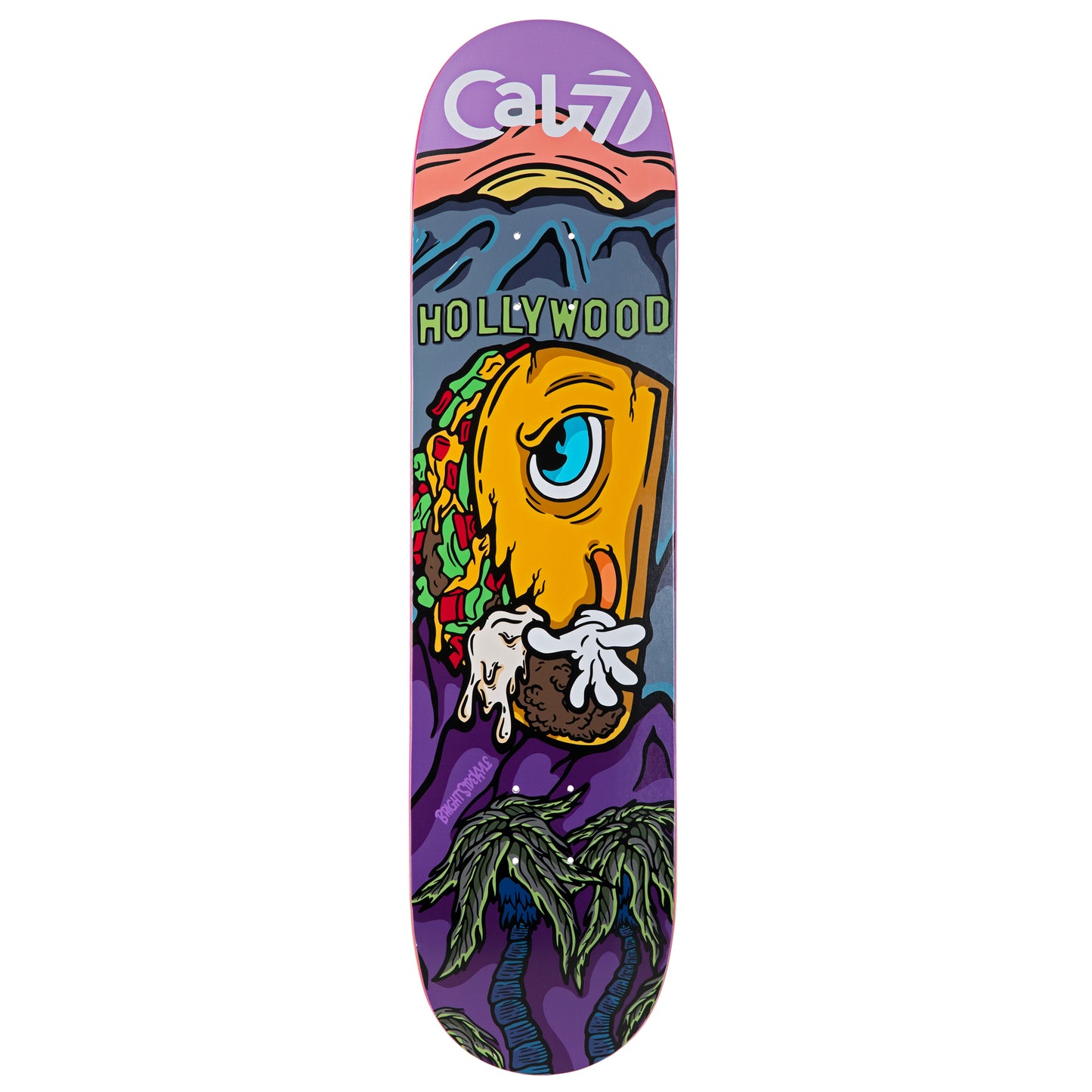 Cal 7 Taco Terror deck with Hollywood munchie takeover art on a semi-cold-press 7-ply popsicle, medium concave deck