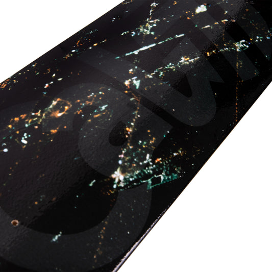 Cal 7 Takeoff 7.75”/8”/ 8.25”/8.5”-Inch Skateboard Deck with aerial night shot of Los Angeles and logo watermark design