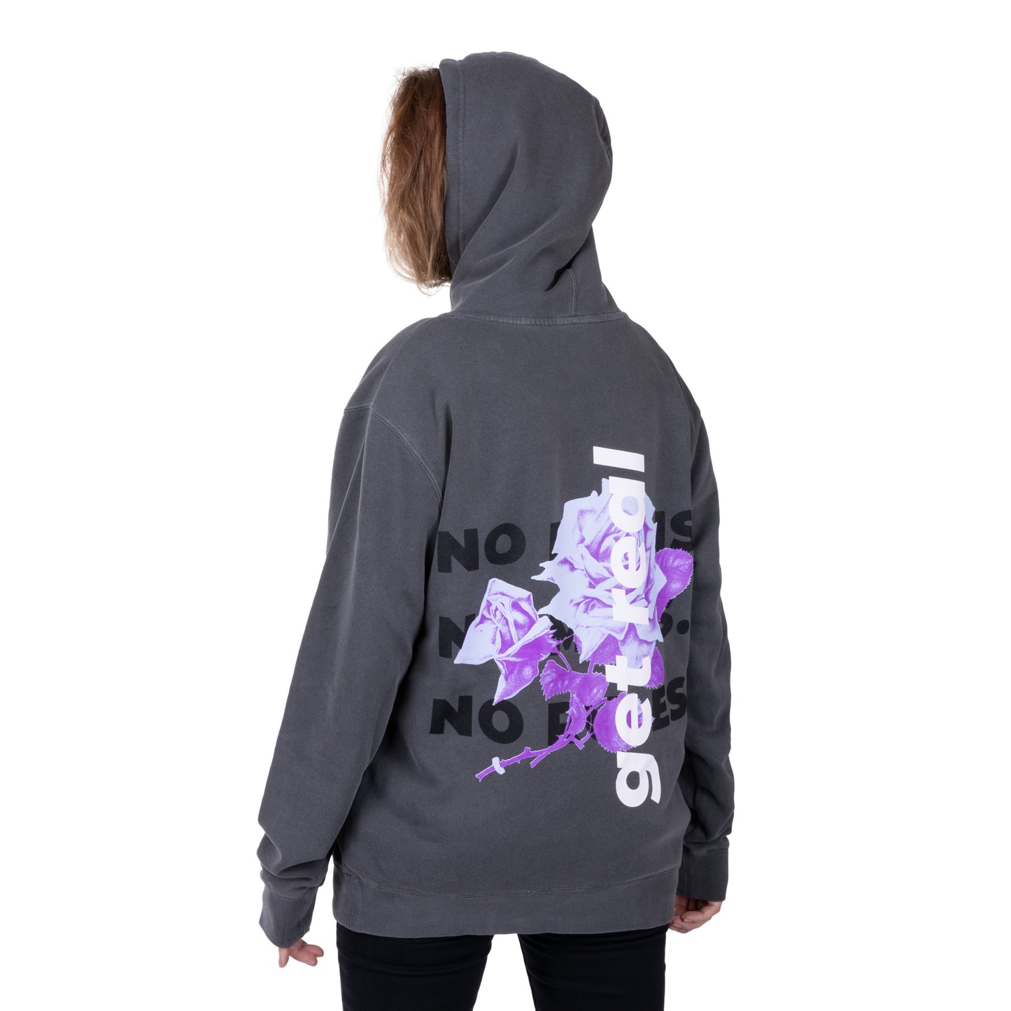 Cal 7 Get Real Oversized Hoodie Sweatshirt in Grey with Purple & Blue Floral Print