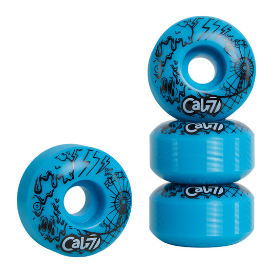 Cal 7 Frenzy 53mm 100A blue skateboard wheels with ice cream linear art design