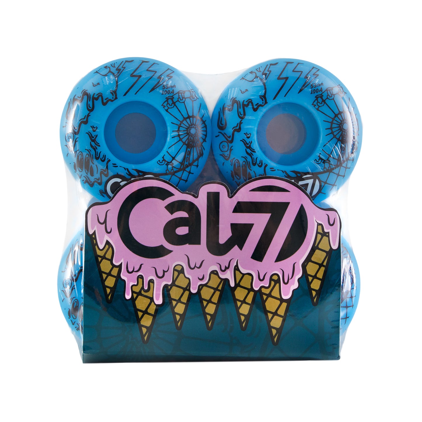 Cal 7 Frenzy 53mm 100A blue skateboard wheels with ice cream linear art design