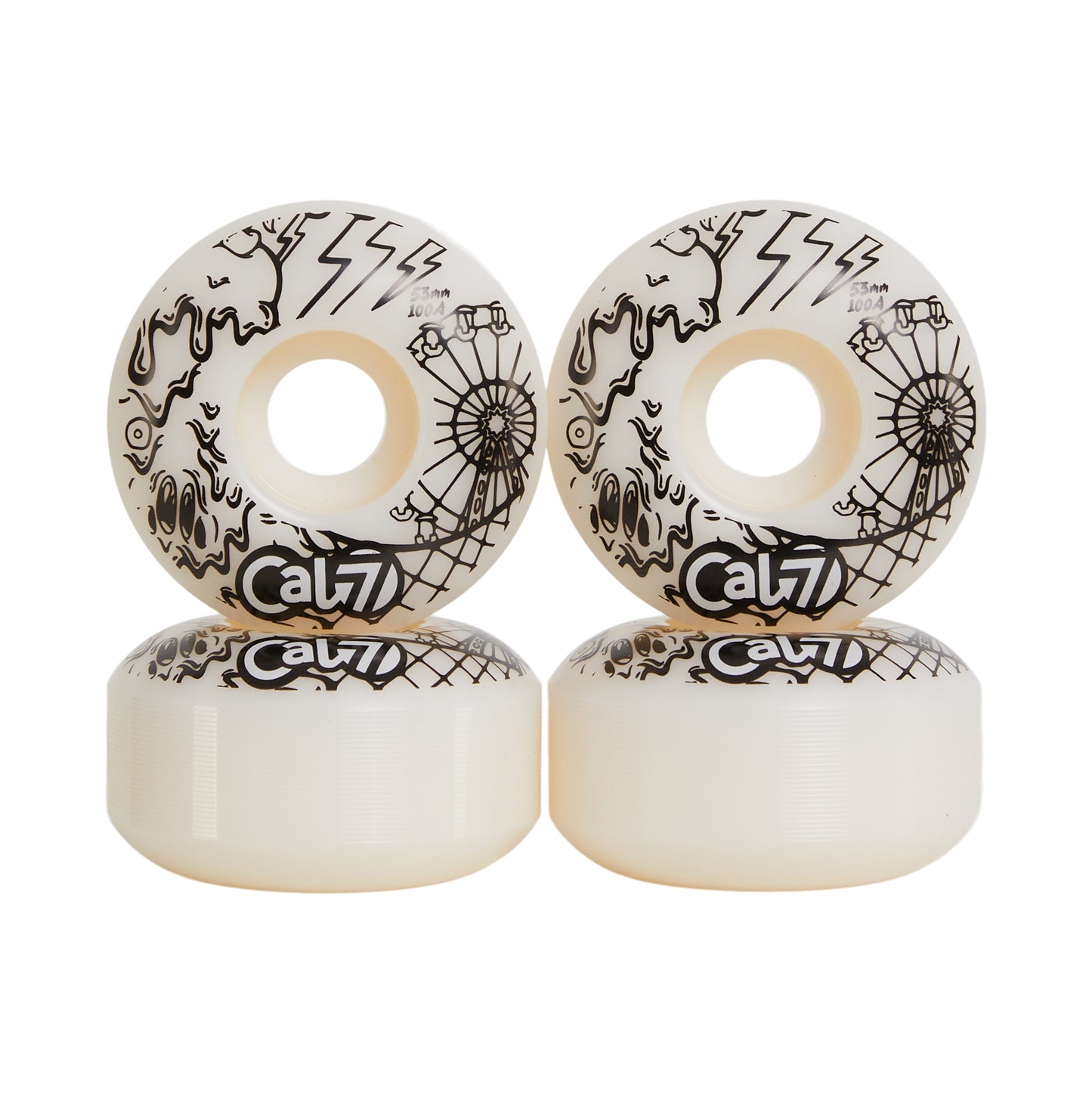 Cal 7 Frenzy 53mm 100A white skateboard wheels with ice cream linear art design