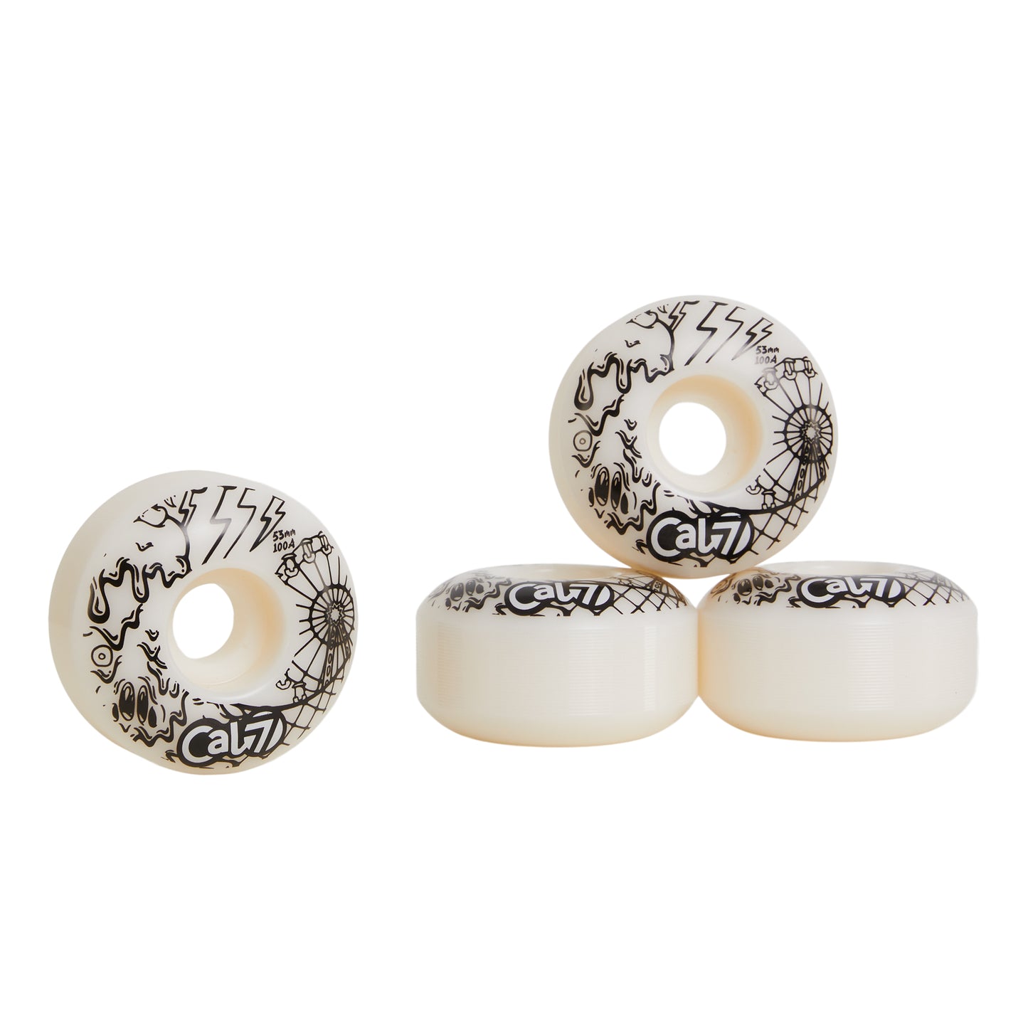 Cal 7 Frenzy 53mm 100A white skateboard wheels with ice cream linear art design