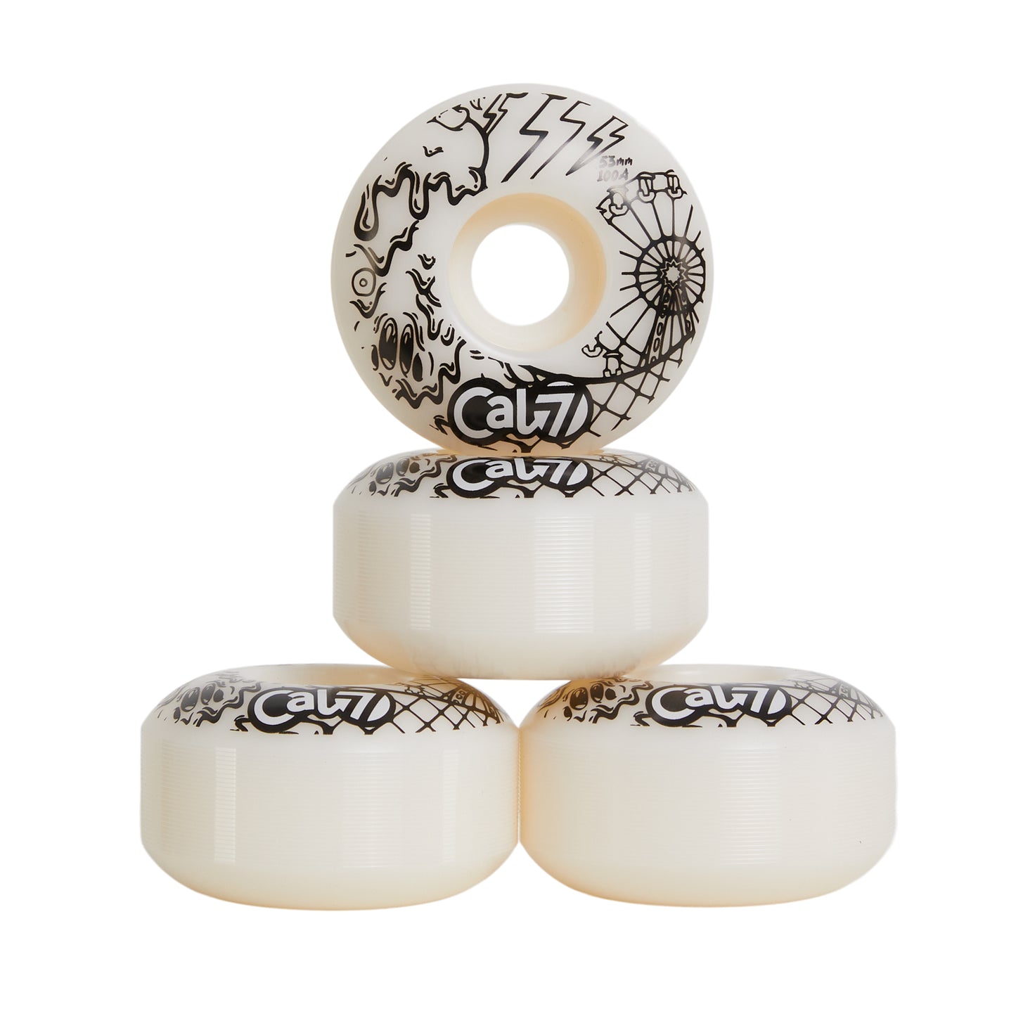 Cal 7 Frenzy 53mm 100A white skateboard wheels with ice cream linear art design