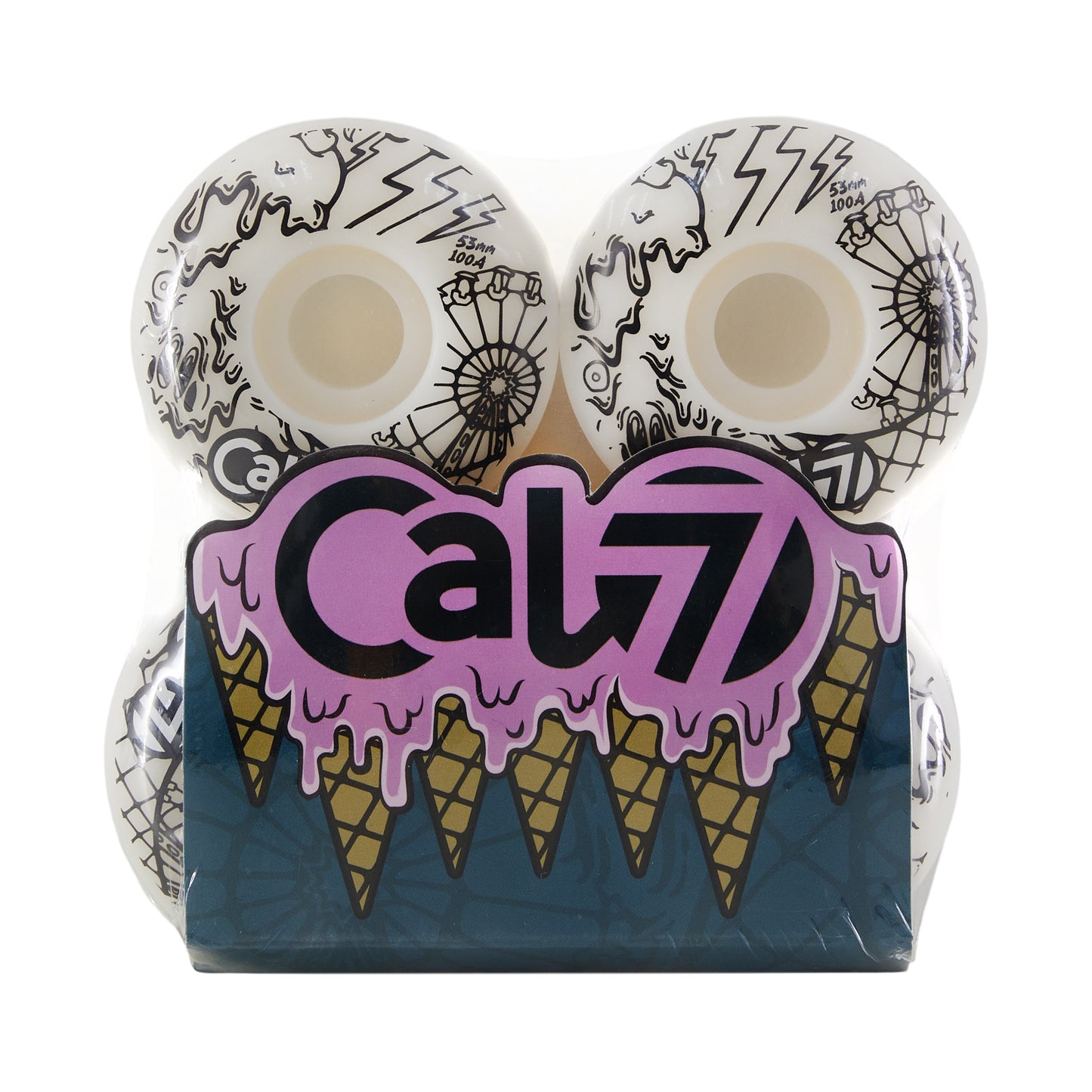 Cal 7 Frenzy 53mm 100A white skateboard wheels with ice cream linear art design