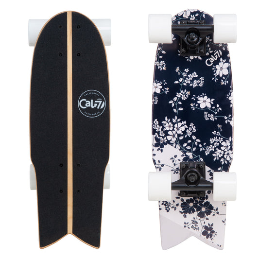 Cal 7 Meadow 22” Fishtail Mini Cruiser features a floral print graphic, 65mm 80A white wheels, black 4.5-inch wheels