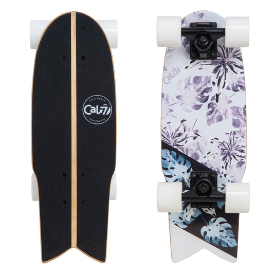 Cal 7 Orchard  22” Fishtail Mini Cruiser features a floral print graphic, 65mm 80A white wheels, black 4.5-inch wheels