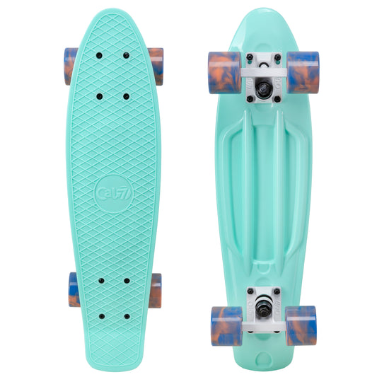 Cal 7 Arcadia 22.5” Mini Cruiser with Swirl Wheels - Featuring a turquoise plastic deck design,  60mm 78A blue and coral swirl wheels. 