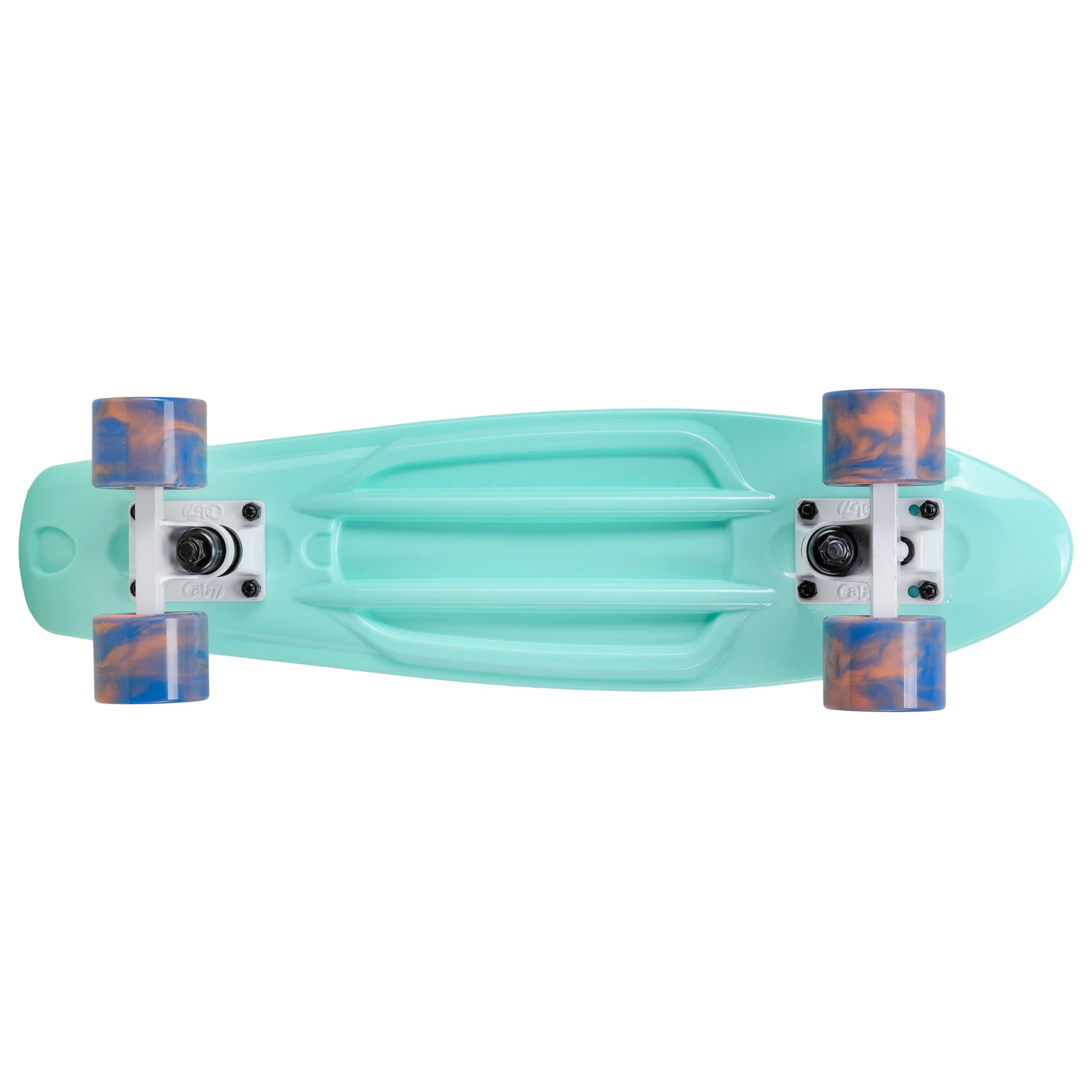 Cal 7 Arcadia 22.5” Mini Cruiser with Swirl Wheels - Featuring a turquoise plastic deck design,  60mm 78A blue and coral swirl wheels. 