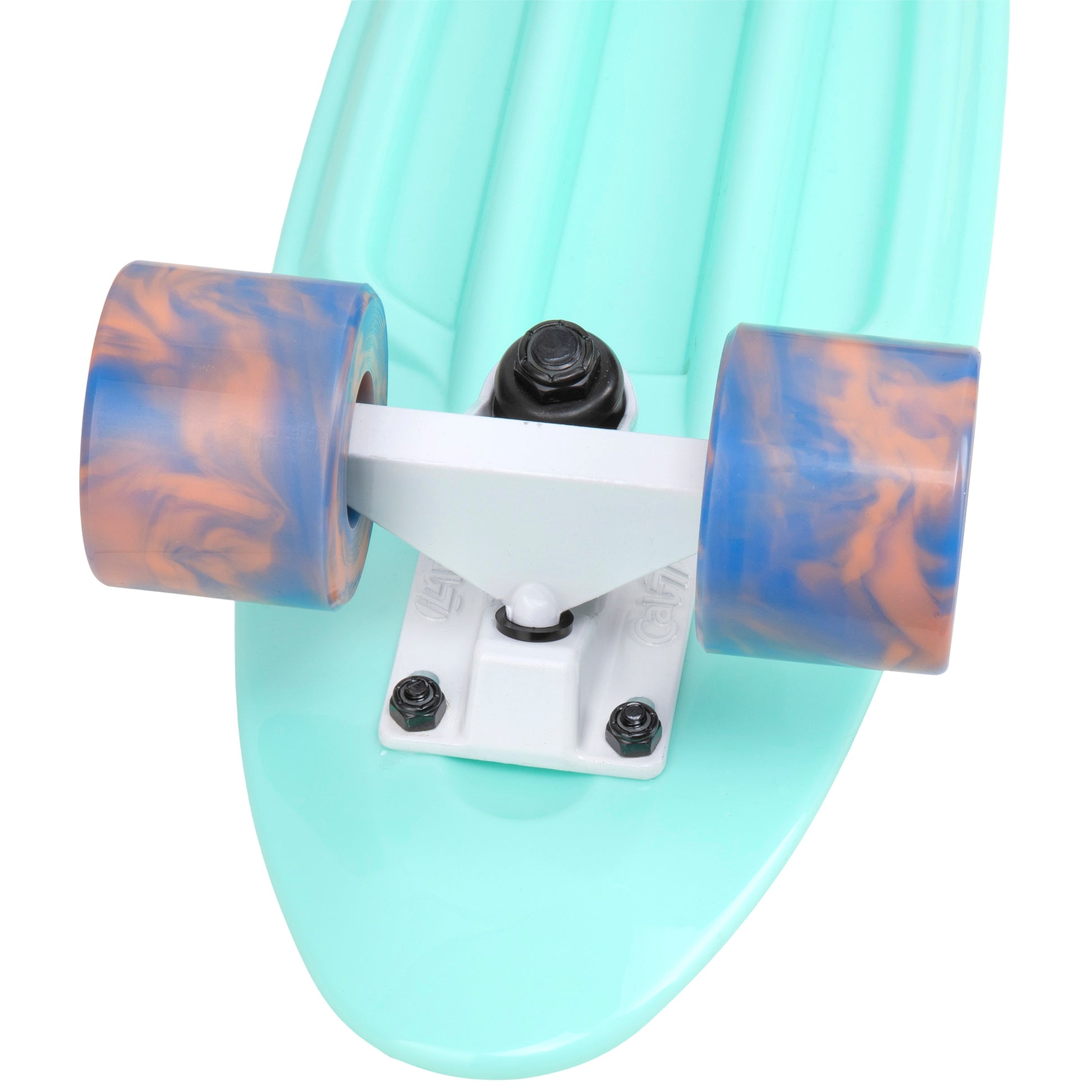 Cal 7 Arcadia 22.5” Mini Cruiser with Swirl Wheels - Featuring a turquoise plastic deck design,  60mm 78A blue and coral swirl wheels. 