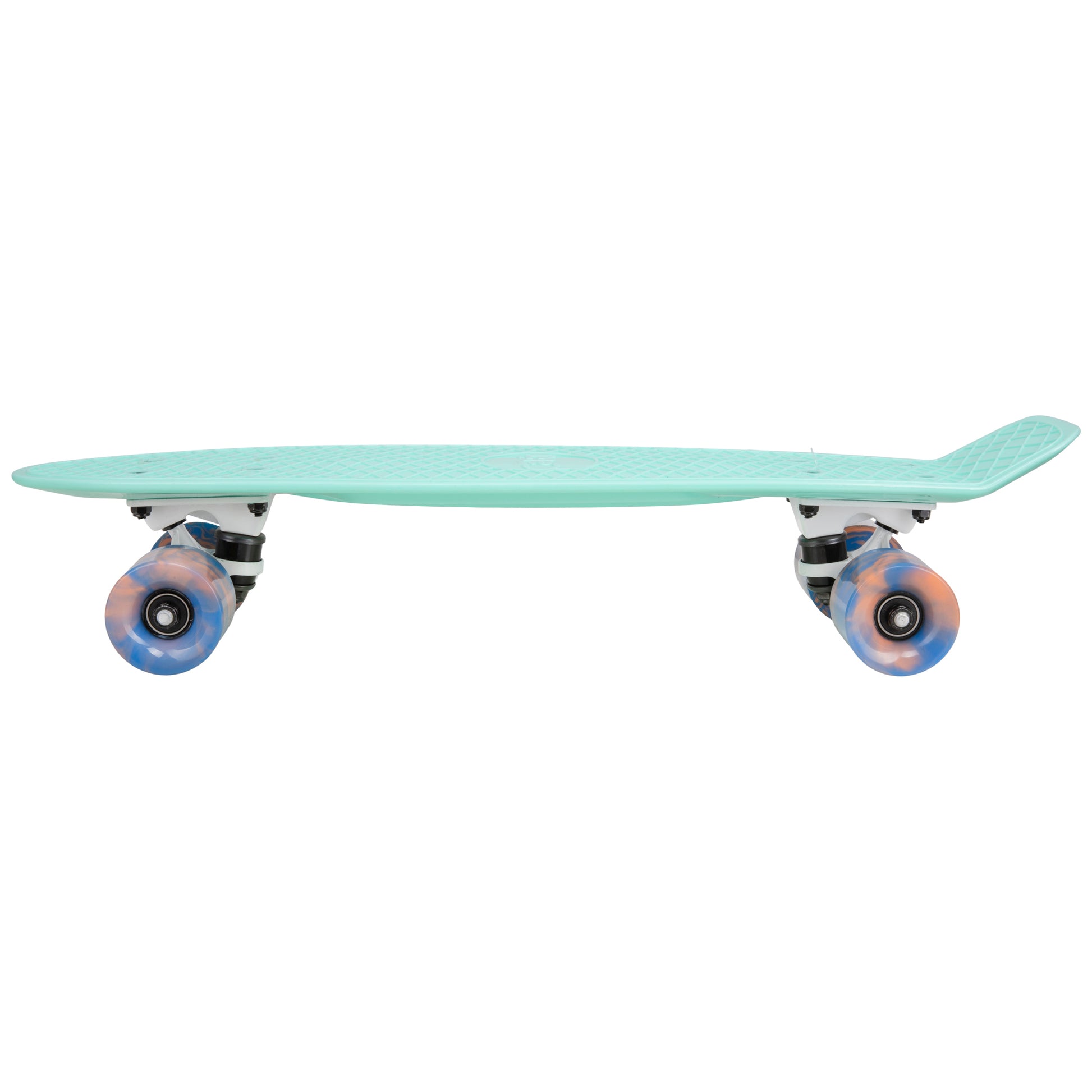 Cal 7 Arcadia 22.5” Mini Cruiser with Swirl Wheels - Featuring a turquoise plastic deck design,  60mm 78A blue and coral swirl wheels. 