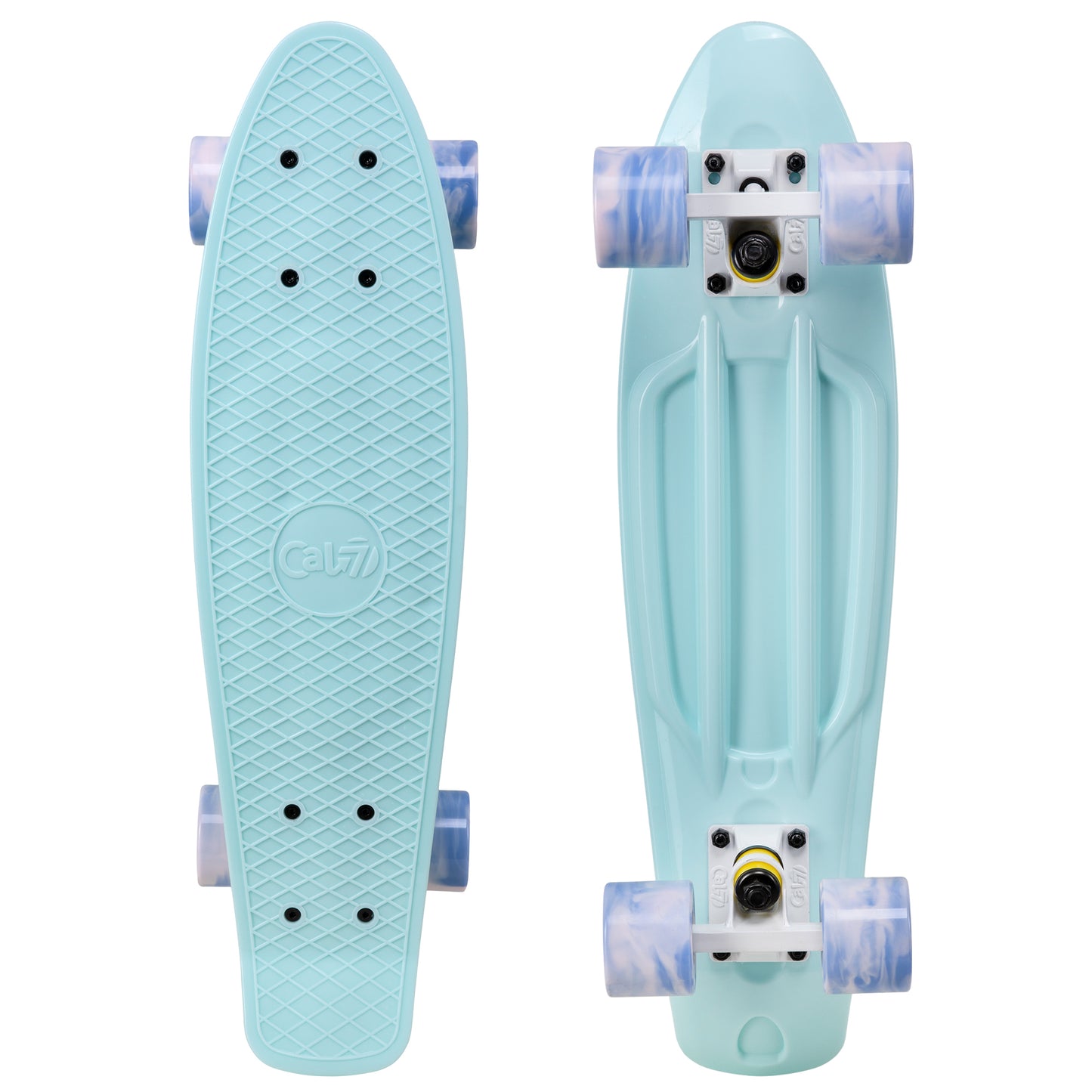 Cal 7 Lily 22.5” Mini Cruiser with Swirl Wheels features a pastel blue deck, 60mm 78A blue and light pink swirl wheels. 