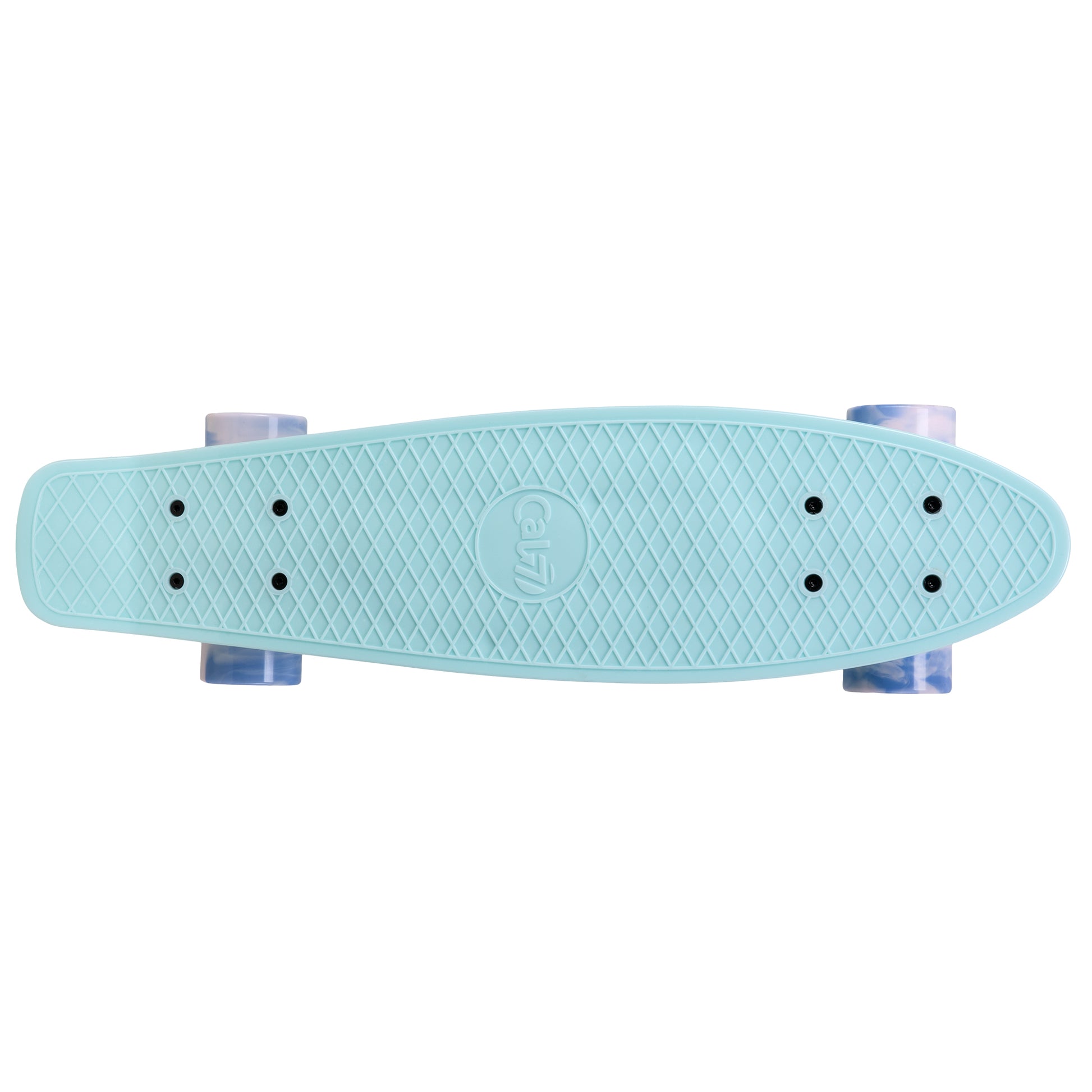 Cal 7 Lily 22.5” Mini Cruiser with Swirl Wheels features a pastel blue deck, 60mm 78A blue and light pink swirl wheels. 