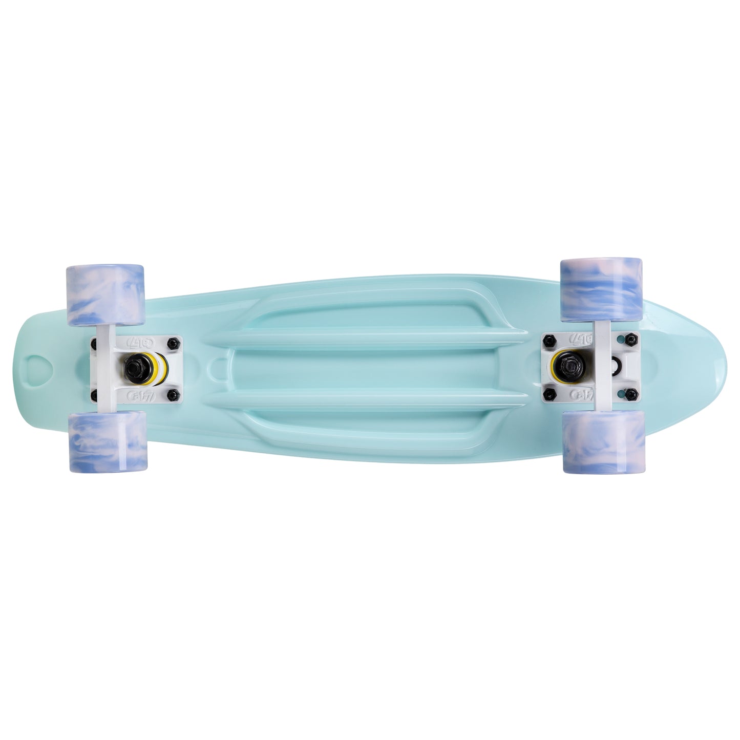 Cal 7 Lily 22.5” Mini Cruiser with Swirl Wheels features a pastel blue deck, 60mm 78A blue and light pink swirl wheels. 