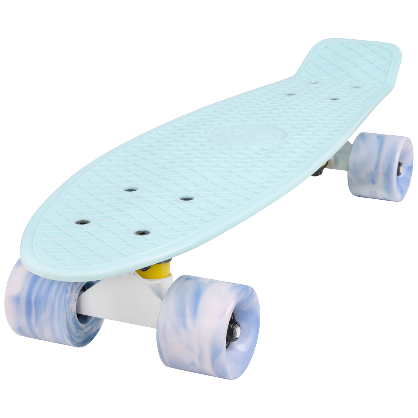 Cal 7 Lily 22.5” Mini Cruiser with Swirl Wheels features a pastel blue deck, 60mm 78A blue and light pink swirl wheels. 