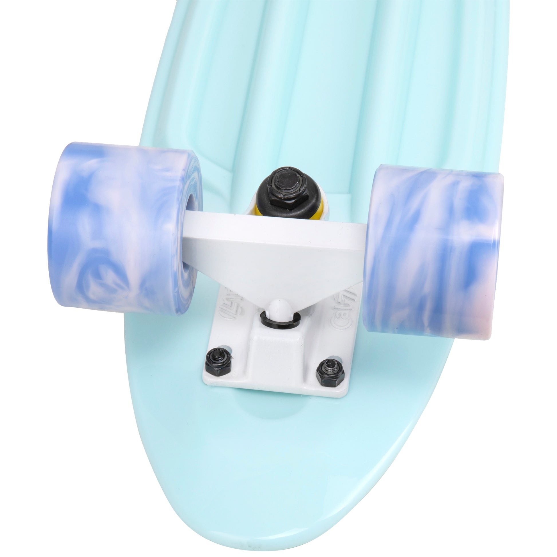 Cal 7 Lily 22.5” Mini Cruiser with Swirl Wheels features a pastel blue deck, 60mm 78A blue and light pink swirl wheels. 