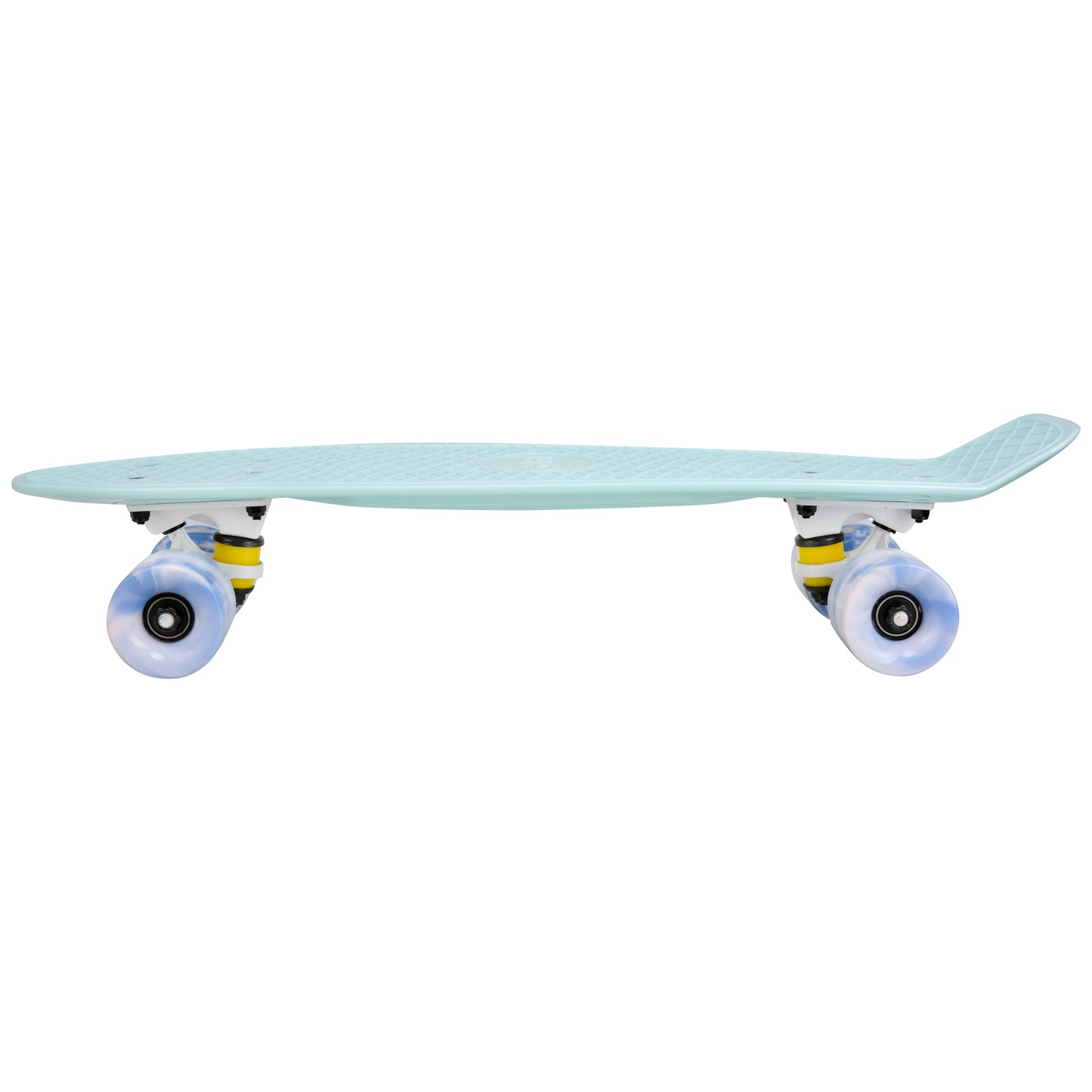 Cal 7 Lily 22.5” Mini Cruiser with Swirl Wheels features a pastel blue deck, 60mm 78A blue and light pink swirl wheels. 