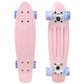 Cal 7 Lotus 22.5” Mini Cruiser with Swirl Wheels: a plastic pastel pink deck with 60mm 78A blue and light pink swirl wheels. 