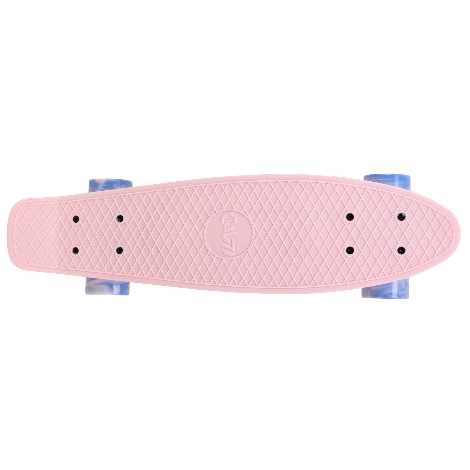 Cal 7 Lotus 22.5” Mini Cruiser with Swirl Wheels: a plastic pastel pink deck with 60mm 78A blue and light pink swirl wheels. 