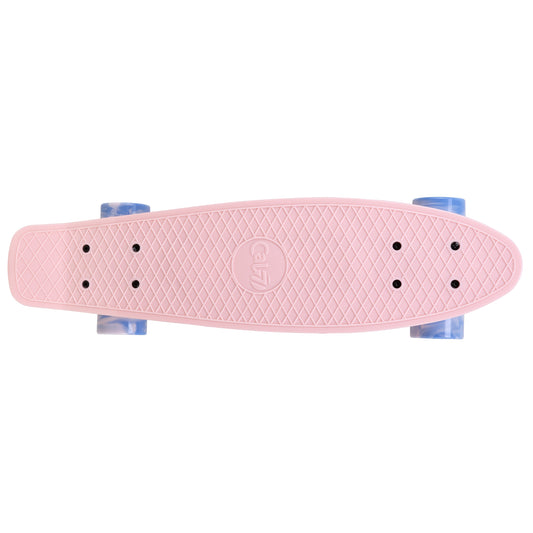 Cal 7 Lotus 22.5” Mini Cruiser with Swirl Wheels: a plastic pastel pink deck with 60mm 78A blue and light pink swirl wheels. 