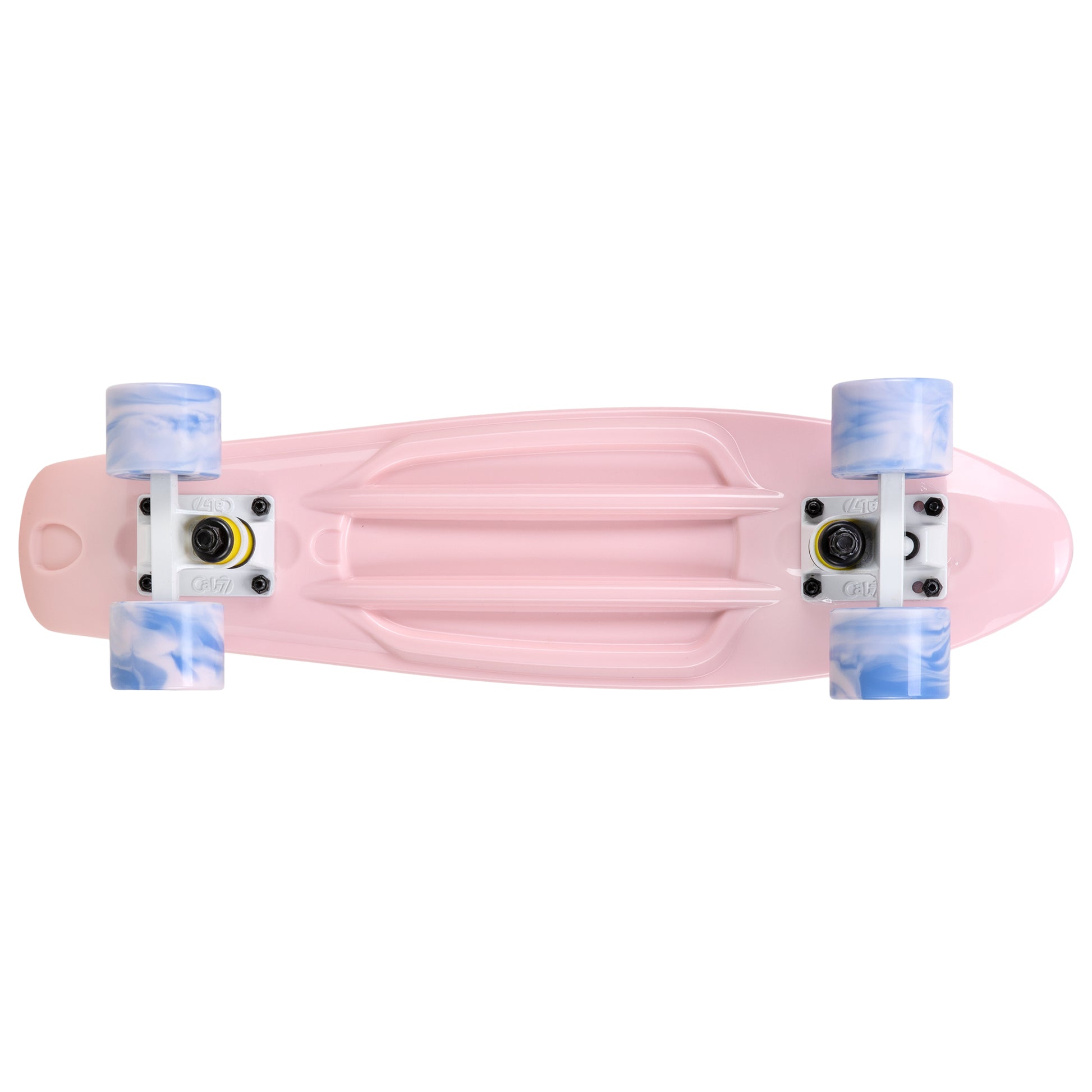 Cal 7 Lotus 22.5” Mini Cruiser with Swirl Wheels: a plastic pastel pink deck with 60mm 78A blue and light pink swirl wheels. 